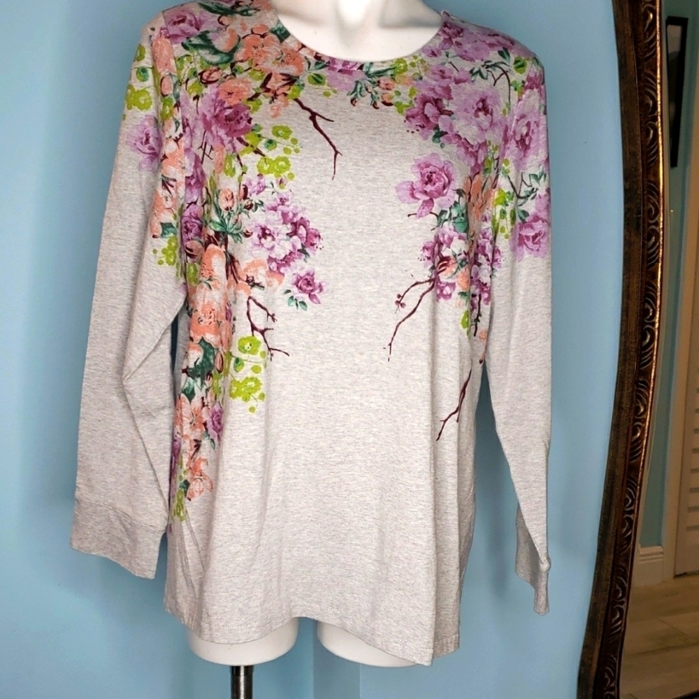Denim & Co Gray Floral Long Sleeve Top Size L